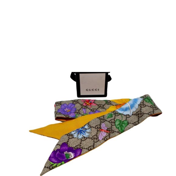 GUCCI Floral Print Monogram Silk Twilly Scarf Multicolor